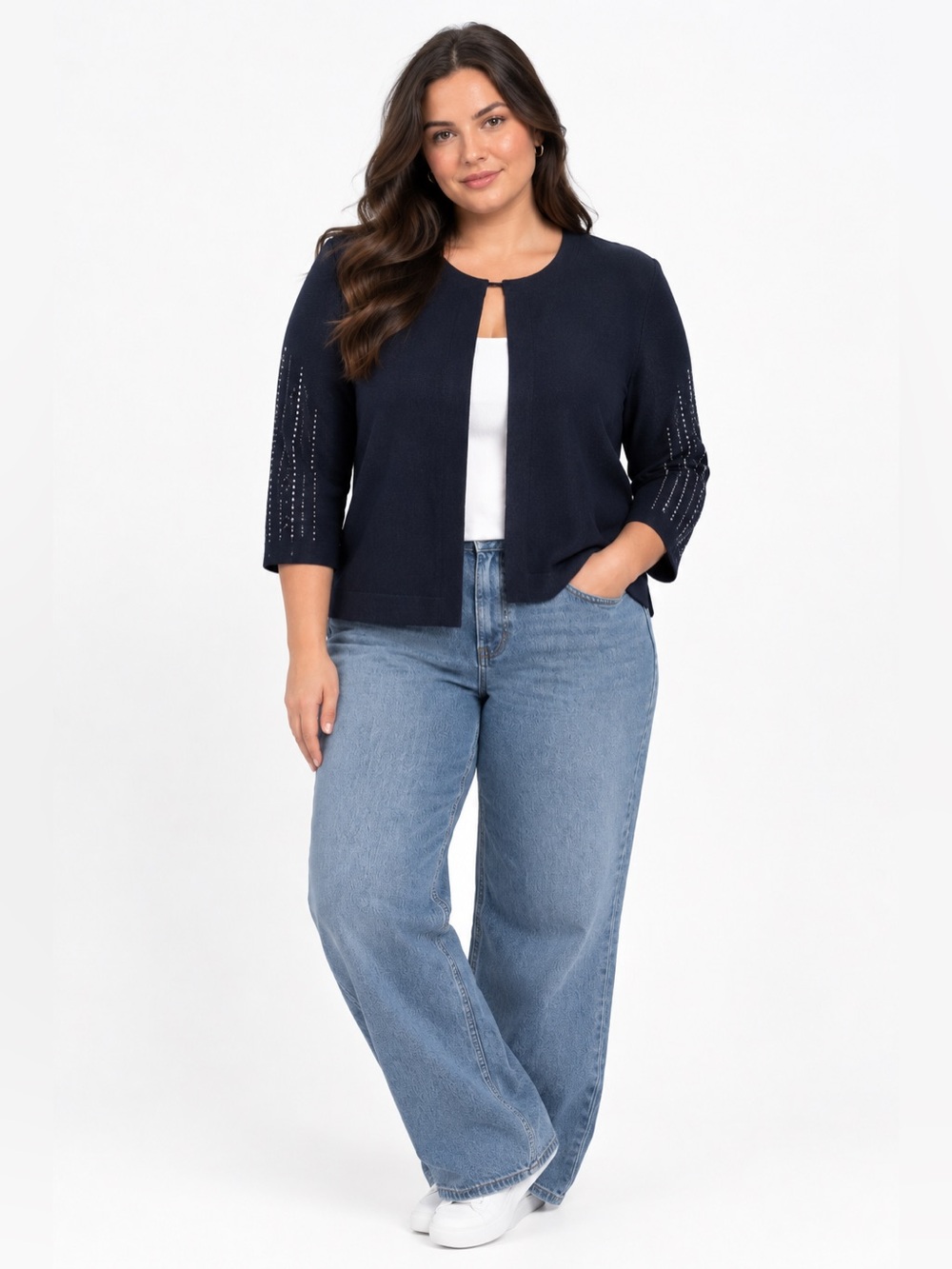 Nina Leonard Navy Blue Open Front Bolero Cardigan Studded 3/4 Sleeve Shrug 1X